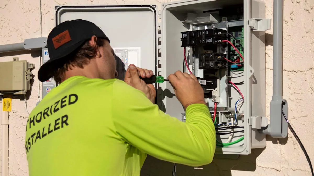 Electrician working on a breaker panel