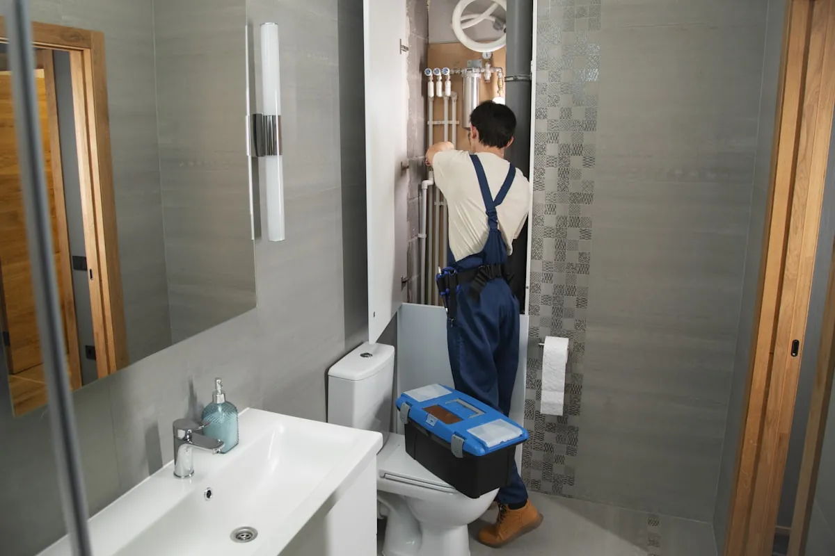 Plumber servicing exposed pipes behind a bathroom wall